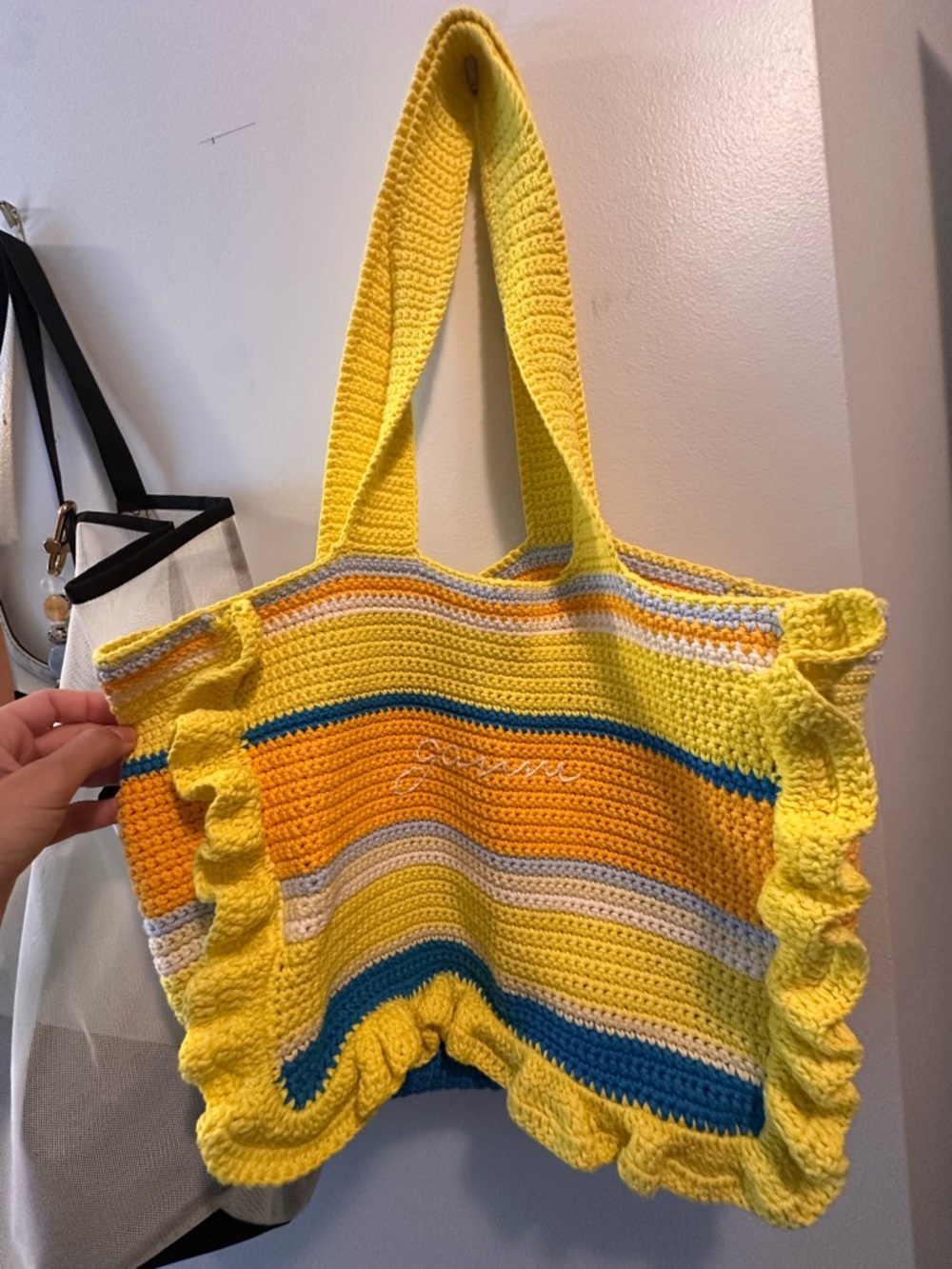 GANNI Yellow Striped Crochet Tote Bag with Ruffle Trim